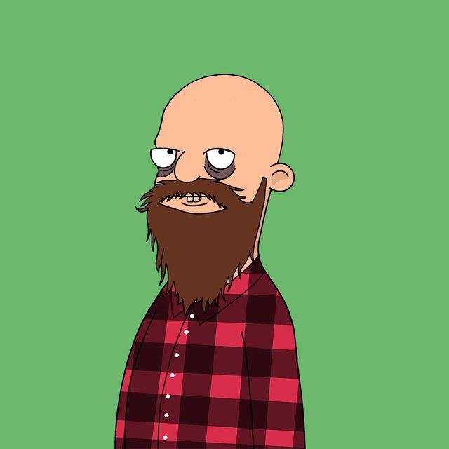 Cartoon portrait of Bob: bald, big brown beard, red plaid shirt